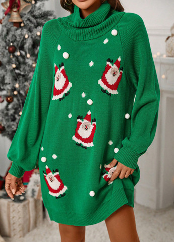 Зеленое кэжуал платье платье-свитер SHEIN с новогодним принтом