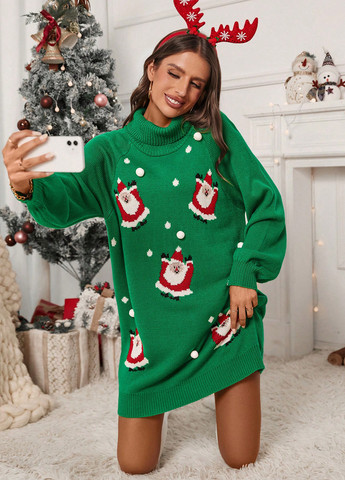 Зеленое кэжуал платье платье-свитер SHEIN с новогодним принтом