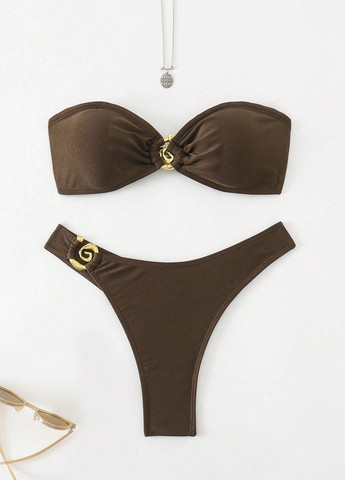 Коричневий демісезонний купальник (ліф, трусики) бандо, роздільний SHEIN