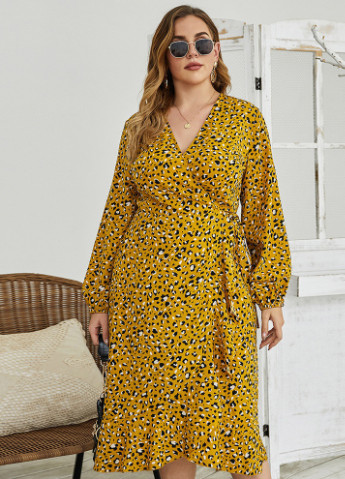Желтое кэжуал платье женское с леопардовым принтом socialite, жёлтый Berni Fashion PLUS леопардовый