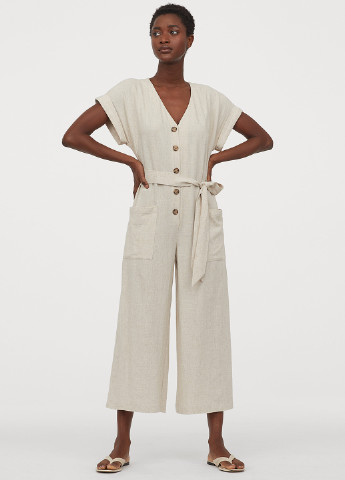 Комбинезон H&M комбинезон-брюки меланж светло-бежевый кэжуал вискоза, лен