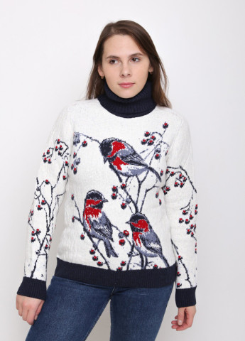 Синій зимовий жіночий светр синій з птахами теплий з коміром Pulltonic Прямая