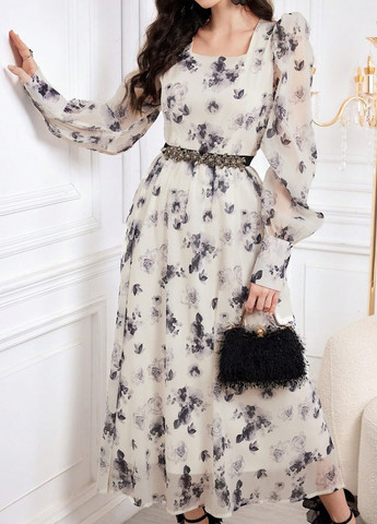 Молочна святковий, кежуал сукня кльош SHEIN з квітковим принтом