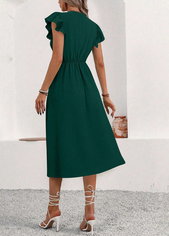 Темно-зеленое праздничный, вечернее, кэжуал платье а-силуэт SHEIN однотонное