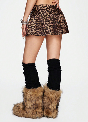 Коричневая кэжуал леопардовая юбка SHEIN плиссе