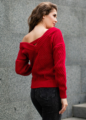 Красный демисезонный ажурный свитер красного цвета с вырезом на спине SL.IRA