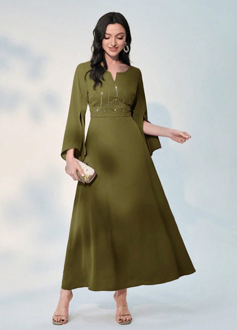 Оливковое кэжуал, вечернее платье SHEIN однотонное