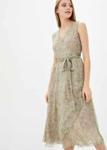 Оливковое коктейльное платье шифоновое на запах German Volf с цветочным принтом