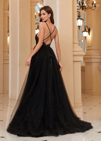 Чорна святковий, вечірня сукня з відкритою спиною, з пишною спідницею SHEIN однотонна