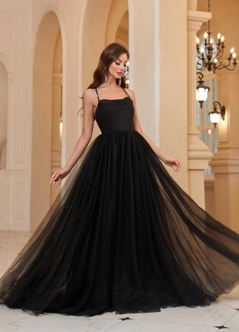 Чорна святковий, вечірня сукня з відкритою спиною, з пишною спідницею SHEIN однотонна