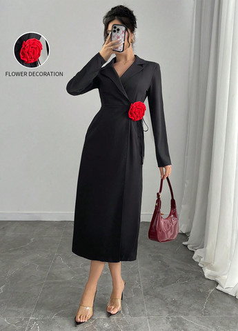 Черное кэжуал платье на запах, платье-жакет SHEIN однотонное