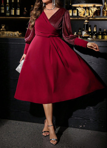 Темно-червона святковий, вечірня сукня на запах SHEIN однотонна