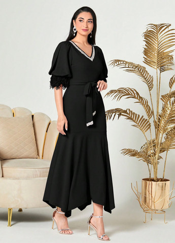 Чорна вечірня сукня годе SHEIN однотонна