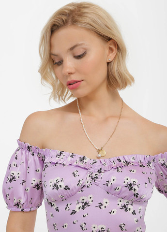 Лавандовое кэжуал платье с открытыми плечами Braska с цветочным принтом