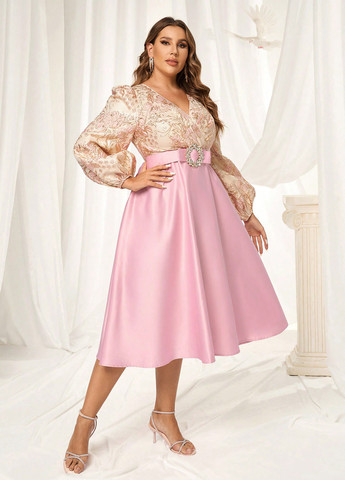 Розовое праздничный, вечернее платье клеш SHEIN с цветочным принтом