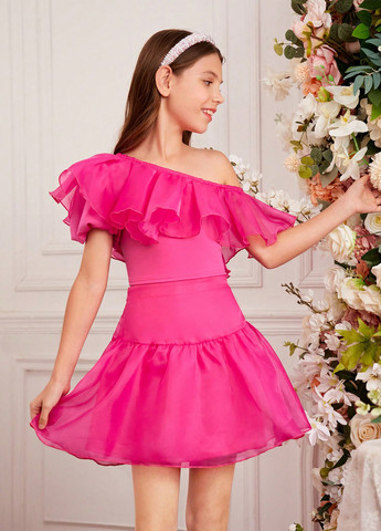 Фуксиновий (колору Фукія) літній костюм (топ, спідниця) SHEIN