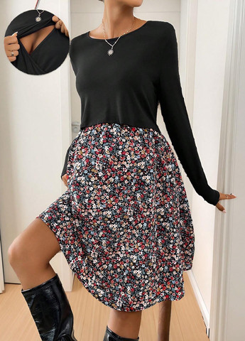 Чорна кежуал сукня для вагітних і годуючих кльош SHEIN з квітковим принтом