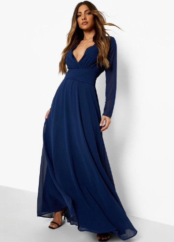Темно-синя вечірня сукня кльош, на запах, з відкритою спиною Boohoo однотонна