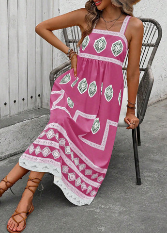 Розовое кэжуал платье клеш SHEIN с абстрактным узором