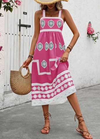 Розовое кэжуал платье клеш SHEIN с абстрактным узором