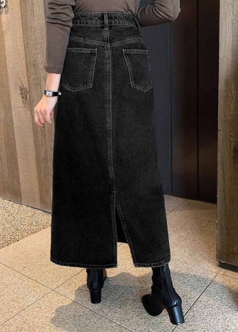 Черная джинсовая, кэжуал однотонная юбка SHEIN а-силуэта (трапеция)