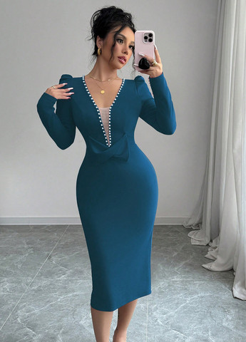 Морской волны праздничный, деловое платье футляр SHEIN однотонное