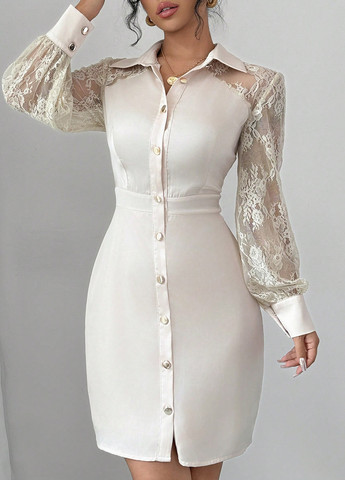 Кремовое коктейльное, кэжуал платье силуэтная, рубашка, футляр SHEIN однотонное
