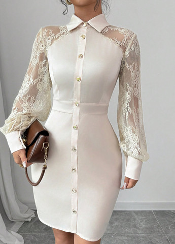 Кремовое коктейльное, кэжуал платье силуэтная, рубашка, футляр SHEIN однотонное