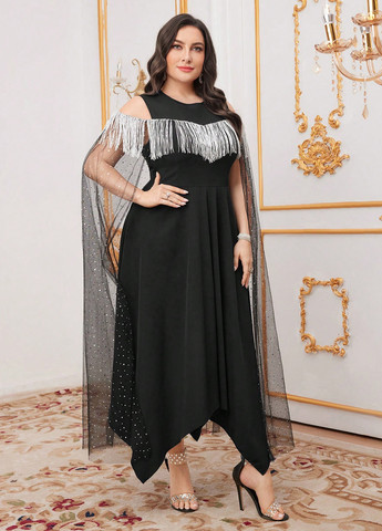 Чорна вечірня сукня кльош, сукня-кейп, з відкритими плечима SHEIN однотонна