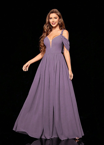 Фіолетова святковий, вечірня сукня кльош, з відкритими плечима, з відкритою спиною, з корсетом SHEIN однотонна