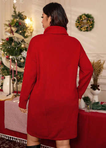 Красное кэжуал платье платье-свитер SHEIN с новогодним принтом