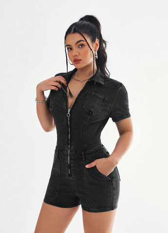 Комбинезон SHEIN комбинезон-шорты варенка чёрный денил джинс, хлопок