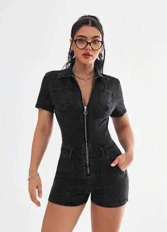 Комбинезон SHEIN комбинезон-шорты варенка чёрный денил джинс, хлопок