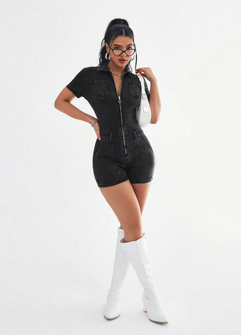 Комбинезон SHEIN комбинезон-шорты варенка чёрный денил джинс, хлопок