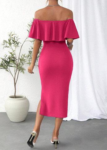 Фуксиновое (цвета Фуксия) кэжуал платье с открытыми плечами, футляр SHEIN однотонное