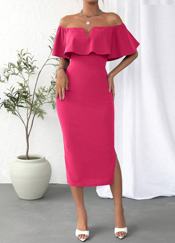 Фуксиновое (цвета Фуксия) кэжуал платье с открытыми плечами, футляр SHEIN однотонное