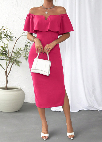 Фуксиновое (цвета Фуксия) кэжуал платье с открытыми плечами, футляр SHEIN однотонное