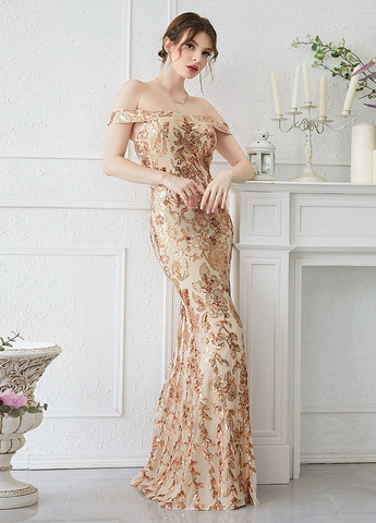 Бежева вечірня сукня годе, з відкритими плечима, з відкритою спиною SHEIN з квітковим принтом