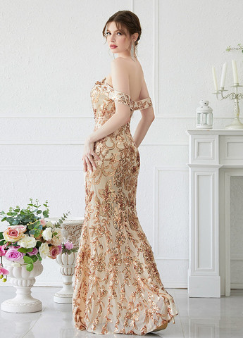 Бежева вечірня сукня годе, з відкритими плечима, з відкритою спиною SHEIN з квітковим принтом