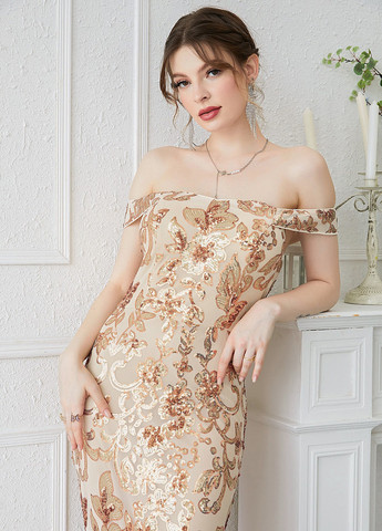 Бежева вечірня сукня годе, з відкритими плечима, з відкритою спиною SHEIN з квітковим принтом
