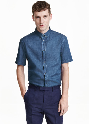 Сорочка H&M з коротким рукавом однотонна синя джинсова