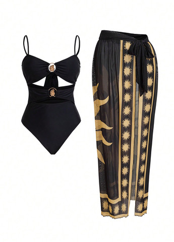 Чорний літній комплект (купальник, спідниця) монокіні, суцільний SHEIN