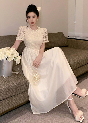 Кремовое вечернее платье с юбкой-солнце SHEIN однотонное