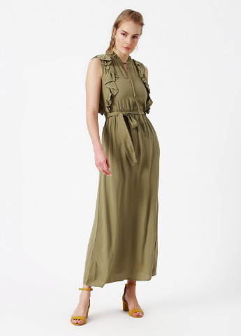 Оливковое (хаки) кэжуал летнее платье из хлопка в пол с открытыми плечами Nobrend однотонное