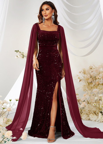 Бордова вечірня сукня силуетна, сукня-кейп, зі шлейфом SHEIN однотонна