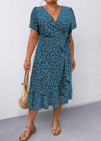 Світло-синя кежуал сукня на запах SHEIN з квітковим принтом