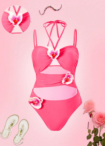 Розовый летний купальник слитный, халтер SHEIN