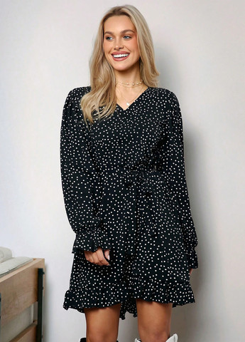 Черное кэжуал платье а-силуэт SHEIN в горошек