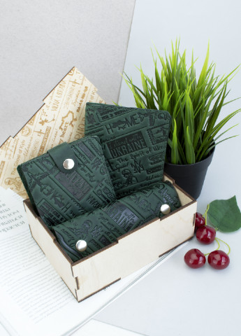 Подарочный набор №62 "Ukraine" (зеленый) в коробке: портмоне + обложка на паспорт + ключница HandyCover (253636323)