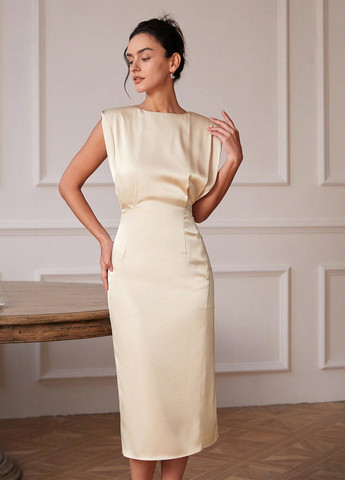Кремовое праздничный, коктейльное платье футляр SHEIN однотонное